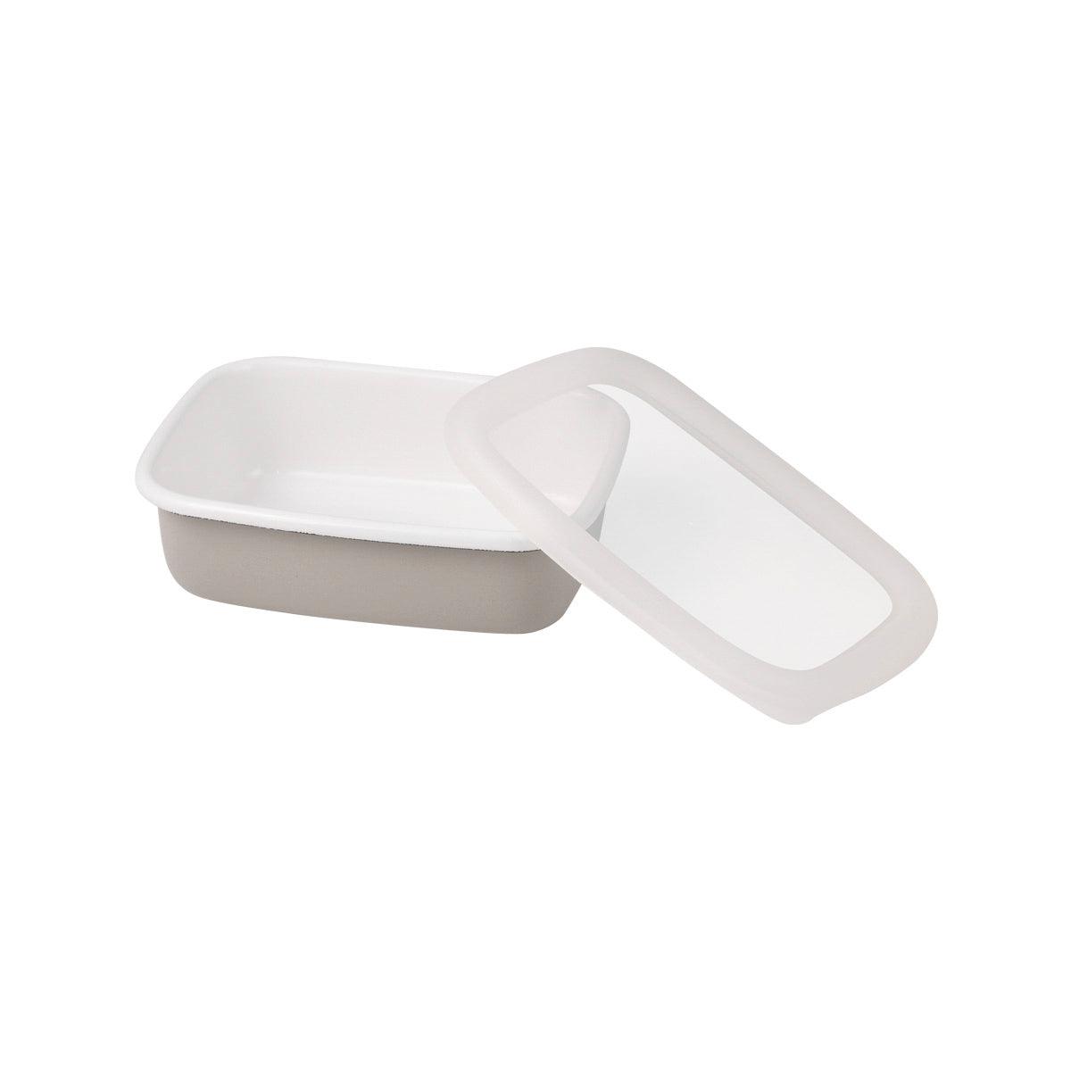 Pale gray enamel small container with lid open and loop handle