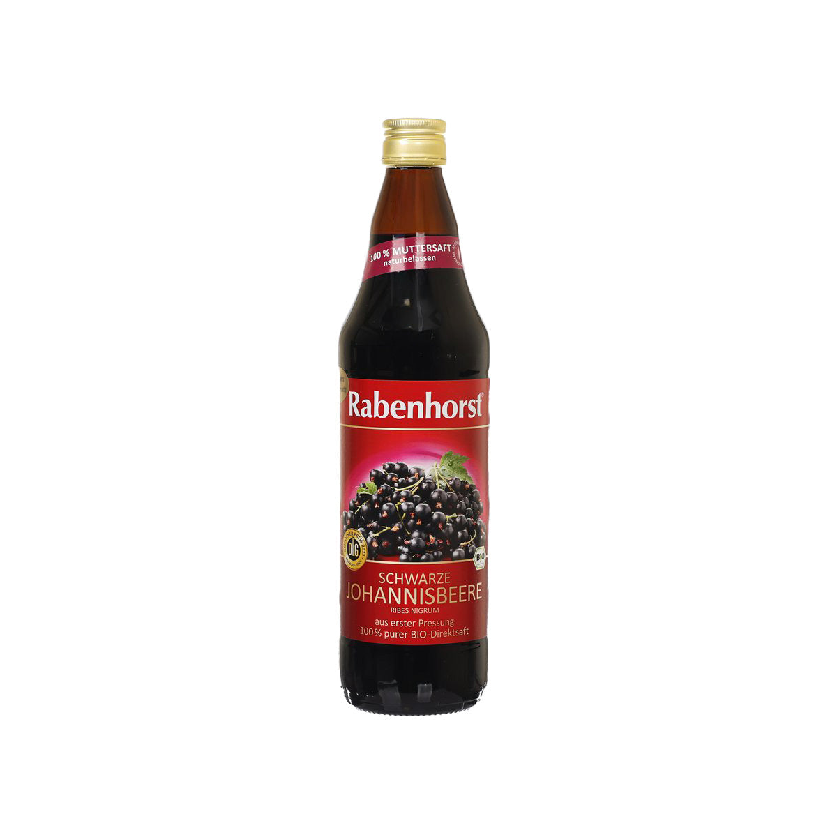 Rabenhorst organic blackcurrant juice bottle, 750 mL, front label