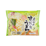 Packaged cold udon noodle soup with sudachi citrus flavor, green bag with lemon and fish