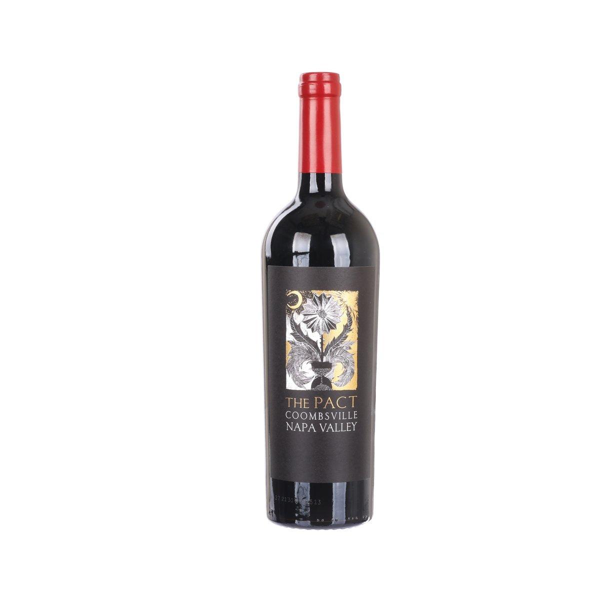 Cabernet Sauvignon wine bottle with red cap and The Pact label.