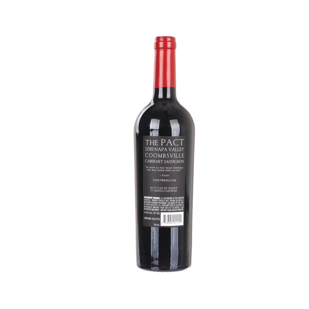 Cabernet Sauvignon wine bottle with red cap and back label.