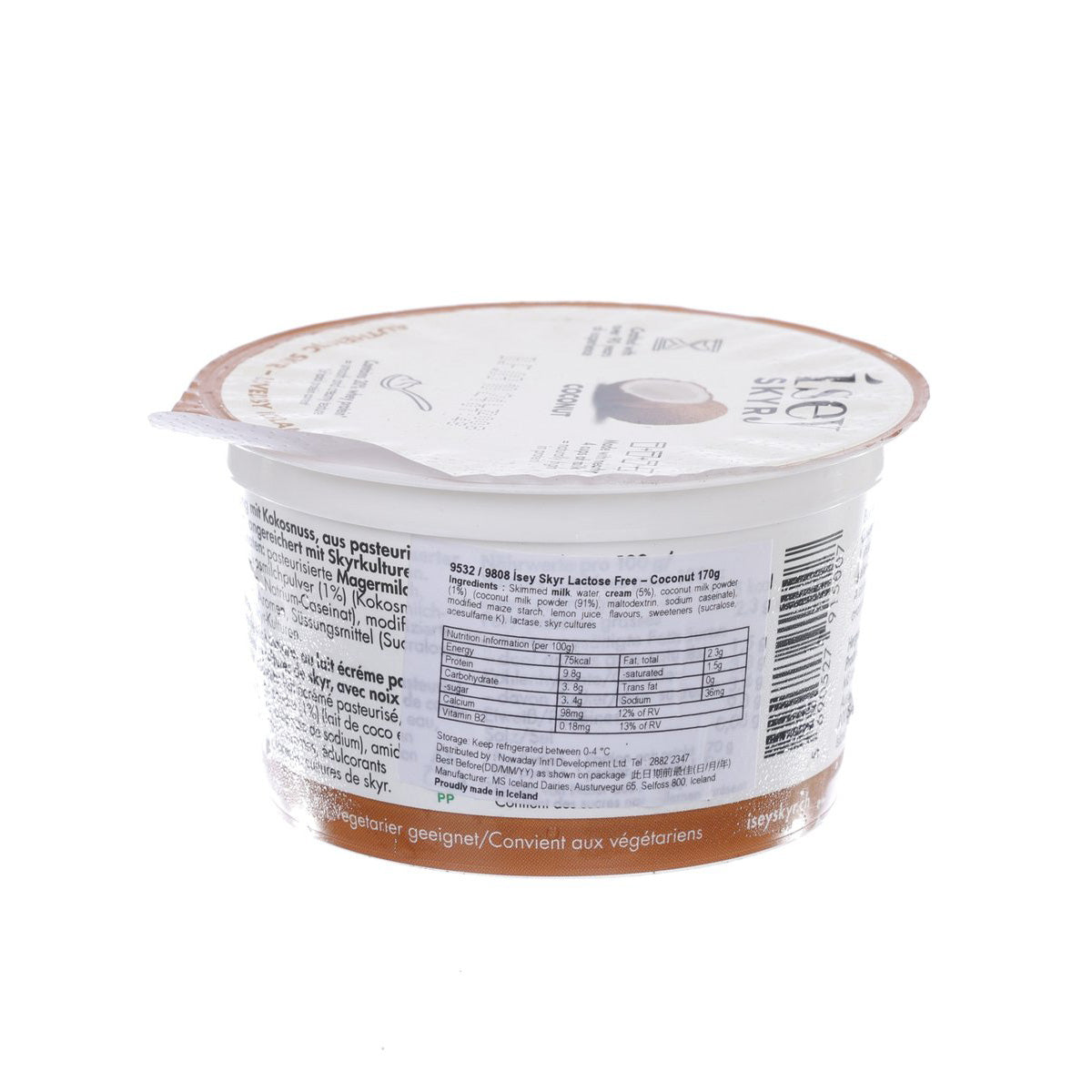 Lactose-free coconut skyr cup side with barcode and nutrition table