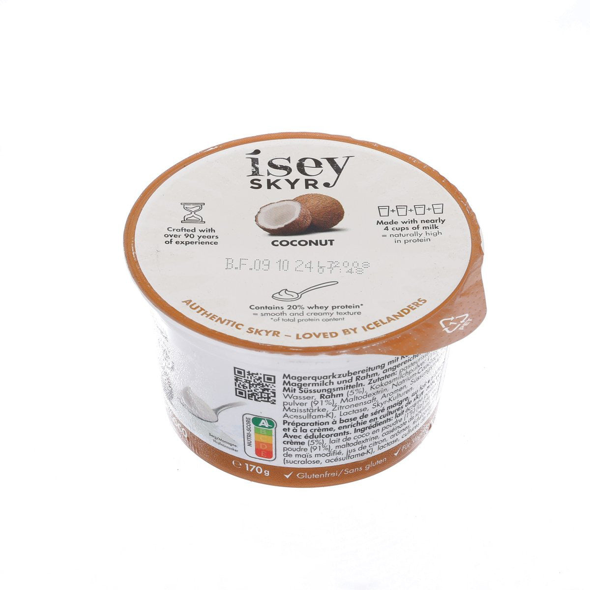 Back of lactose-free coconut skyr cup with ingredient and label text