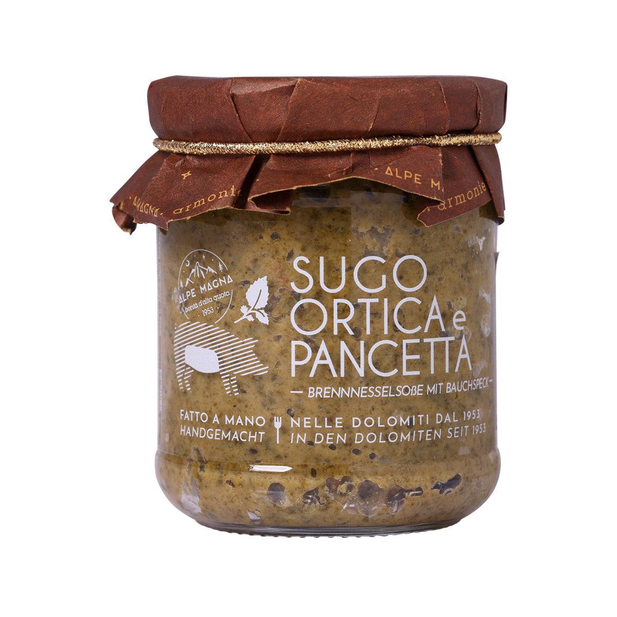 Jar of bacon with nettle sauce, brown lid, glass jar with printed label