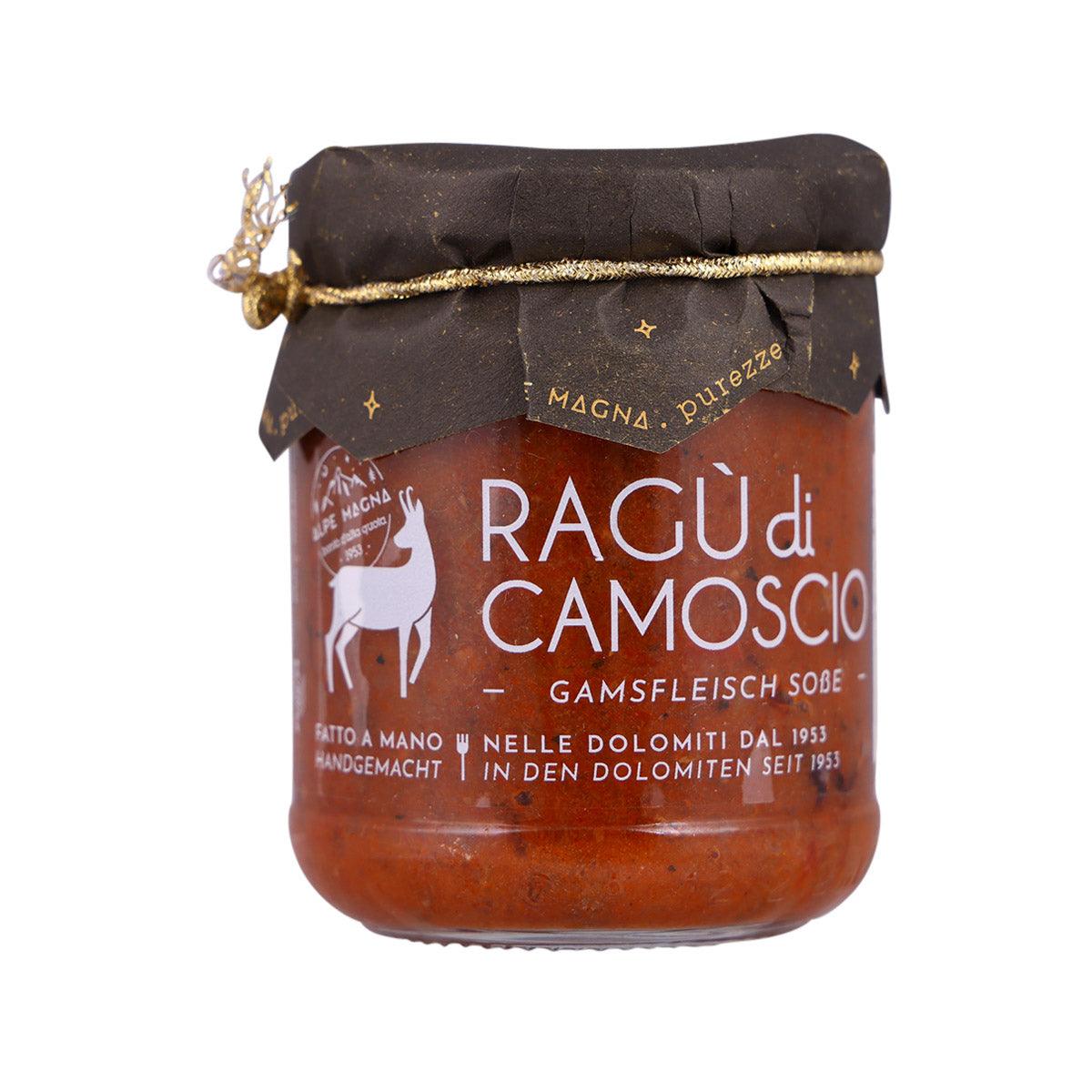 Chamois meat sauce jar with brown sauce and dark fabric-wrapped lid