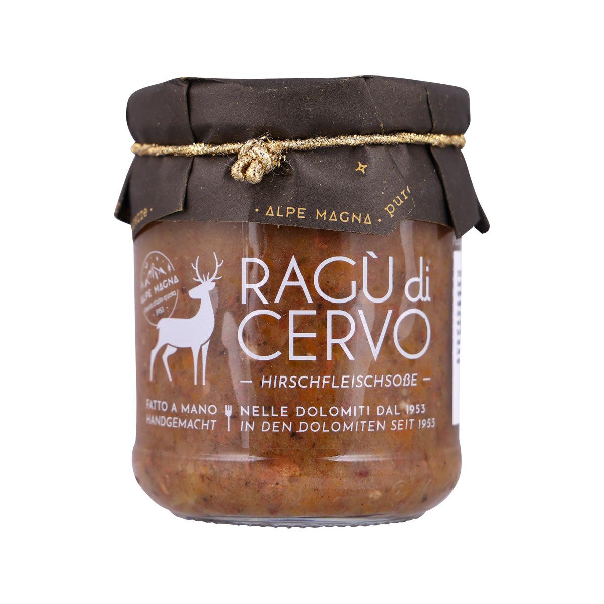Venison sauce glass jar with dark lid and label, 'RAGU di CERVO' text