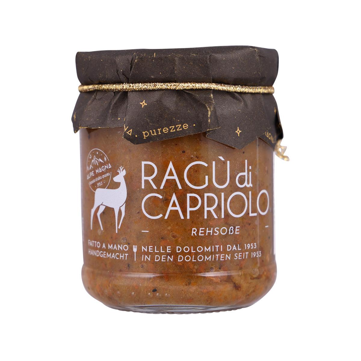 Deer meat sauce glass jar with dark label and gold lid, 190 g