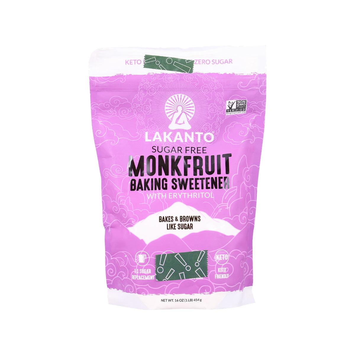 LAKANTO sugar-free monkfruit baking sweetener pouch, purple bag with zero sugar label