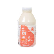 Soybean drink bottle with clear cap, white soy liquid, orange front label
