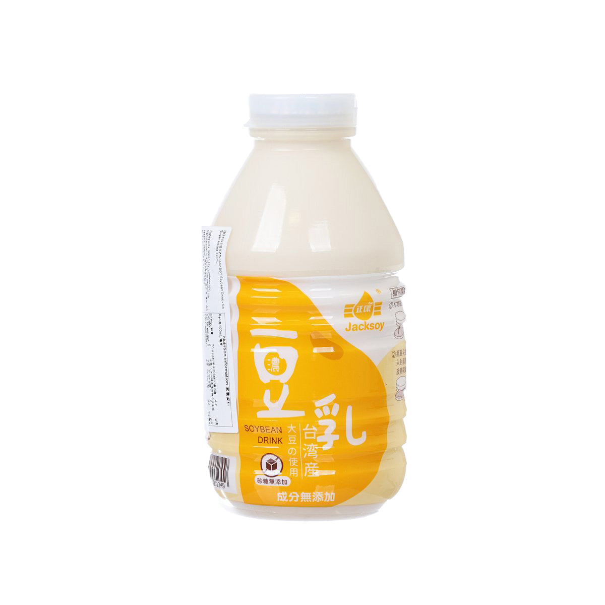 No-sugar-added soy drink bottle, 320 mL, beige liquid, yellow-and-white label