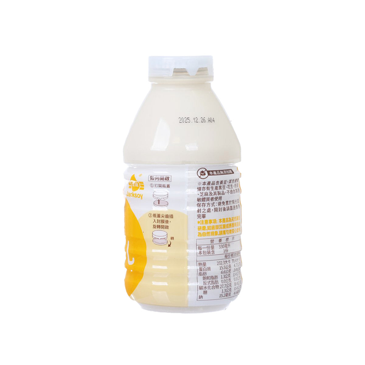 No-sugar-added soy drink bottle, 320 mL, rear label with dates and product details