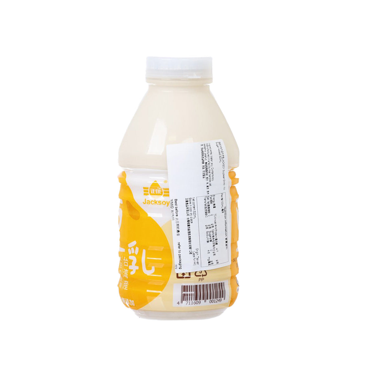 No-sugar-added soy drink bottle, 320 mL, back label with barcode and text