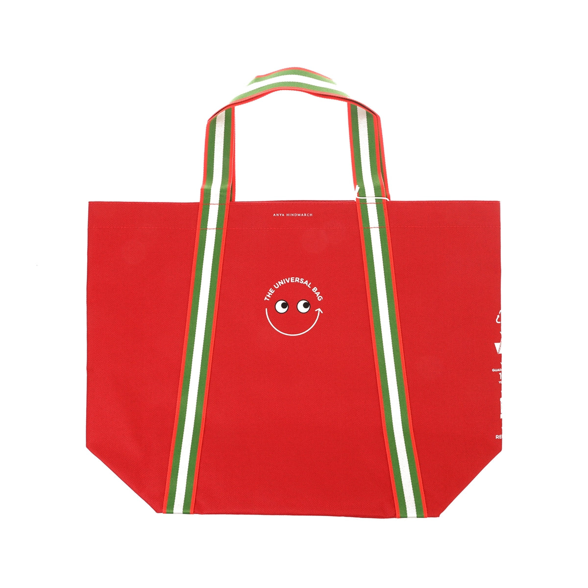 Universal tote bag in red with green striped handles and smiling face front