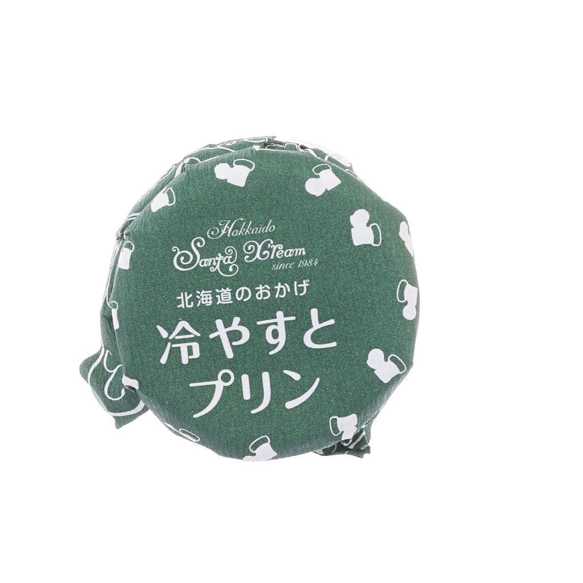 Matcha pudding cup, green Santa-themed printed lid