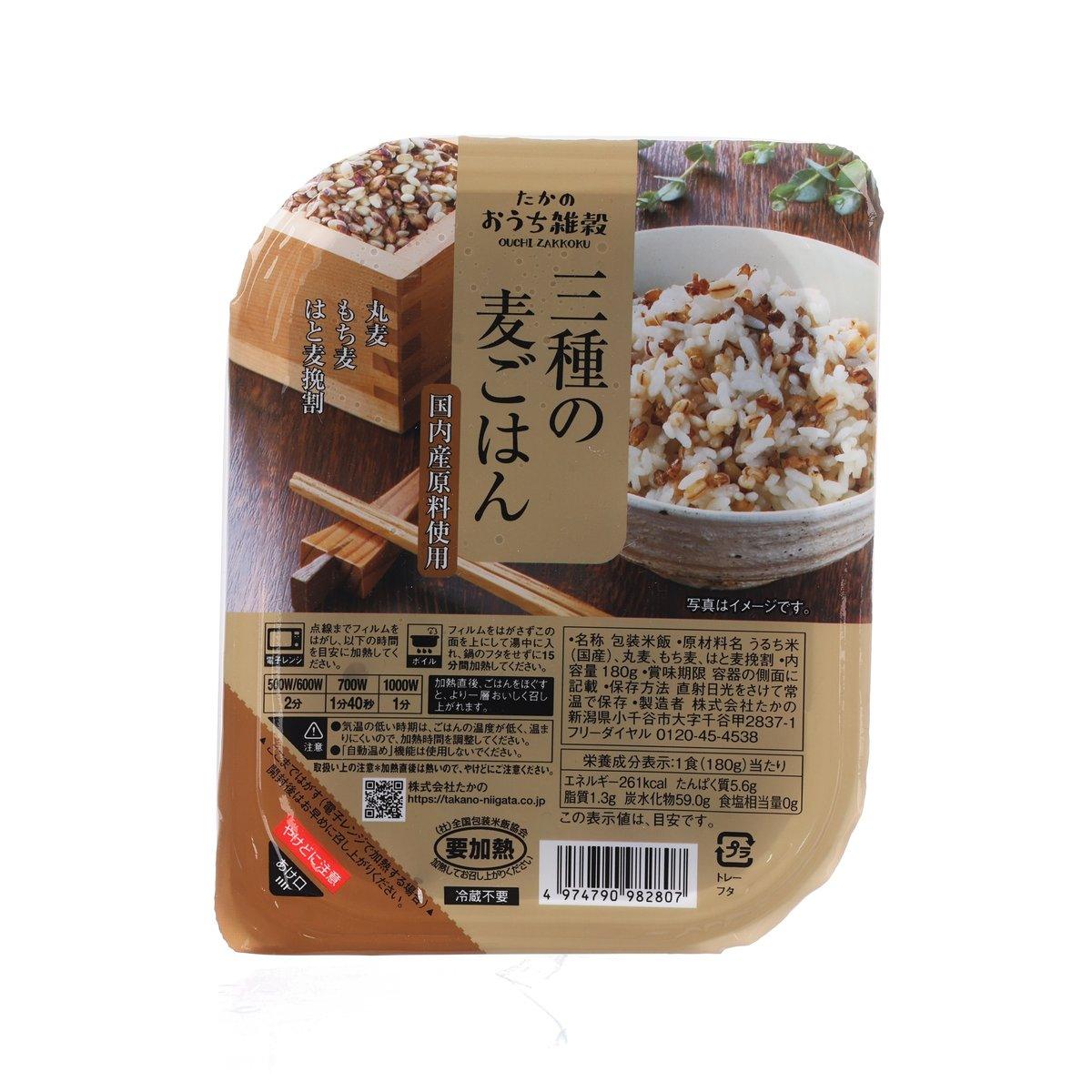 TAKANOFOODS mixed barley rice pouch, 180g, front shows cooked grain photo