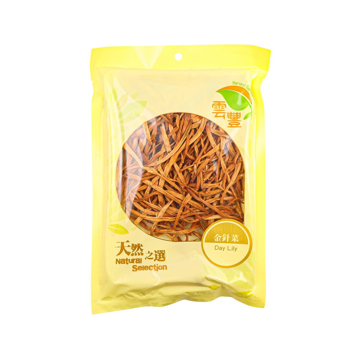 Dried day lily strands in yellow sealed pouch, front label