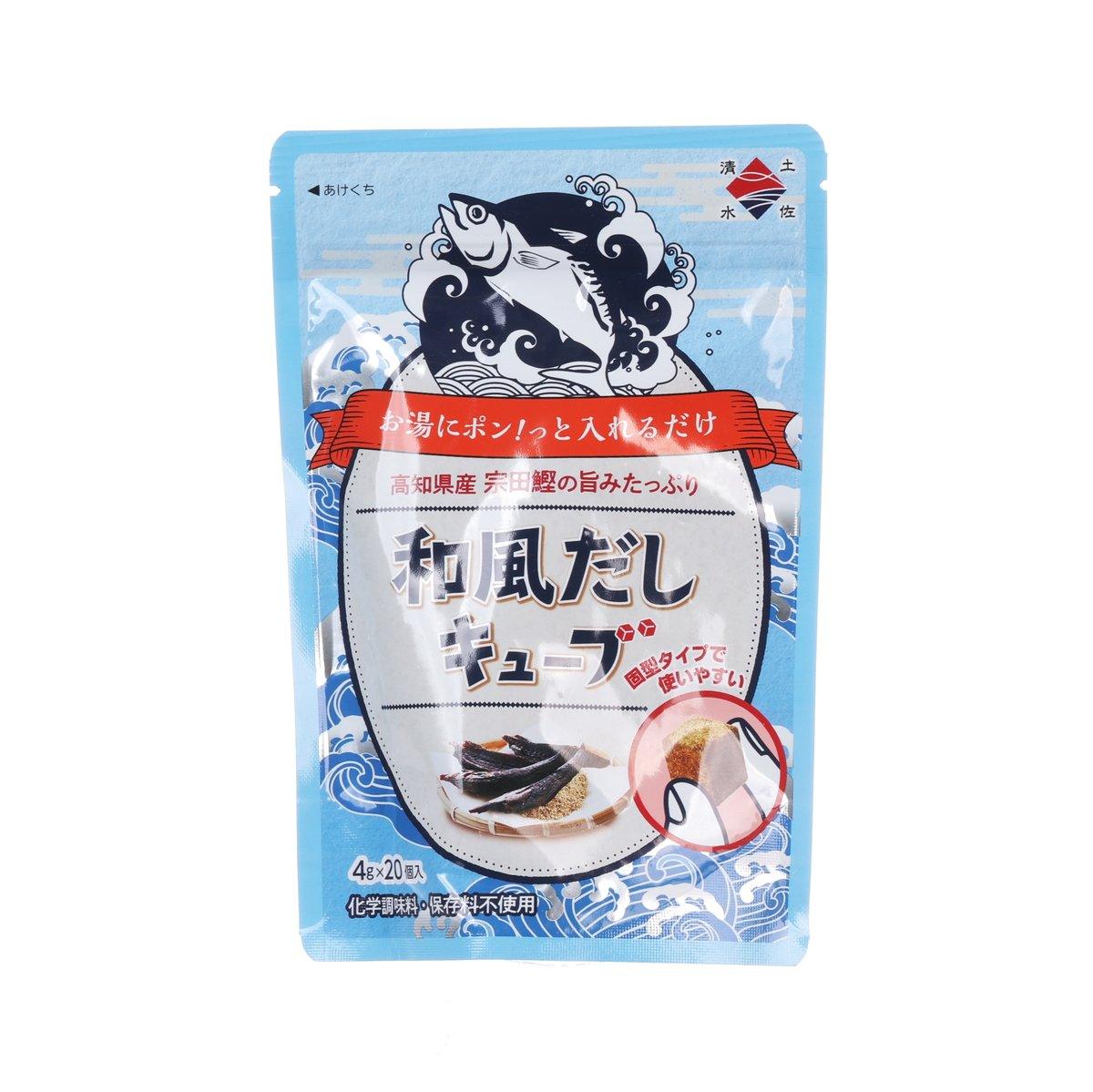 Bonito soup stock cube pouch, blue front with fish illustration and red banner