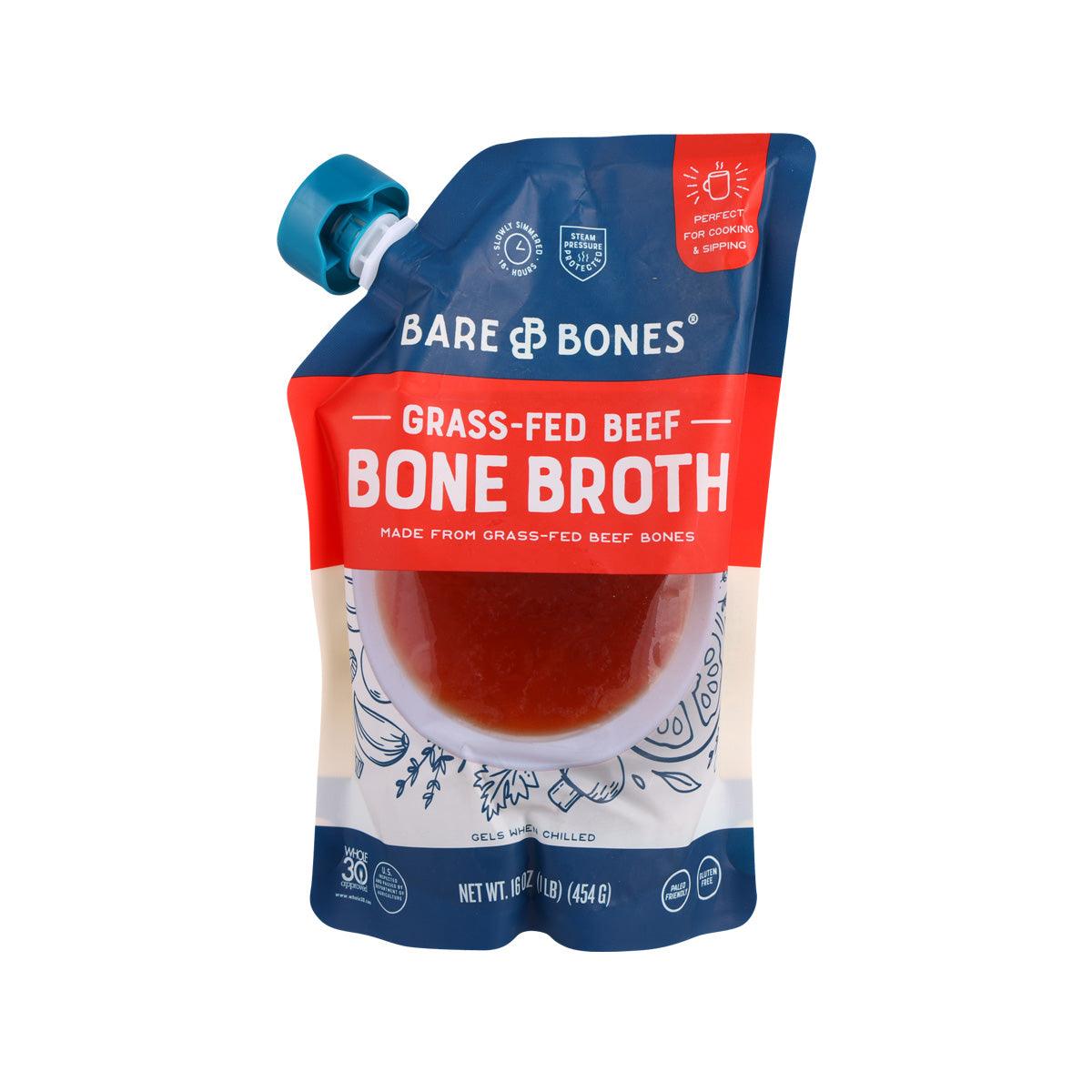 BARE BONES grass-fed beef bone broth stand-up pouch with pouring spout