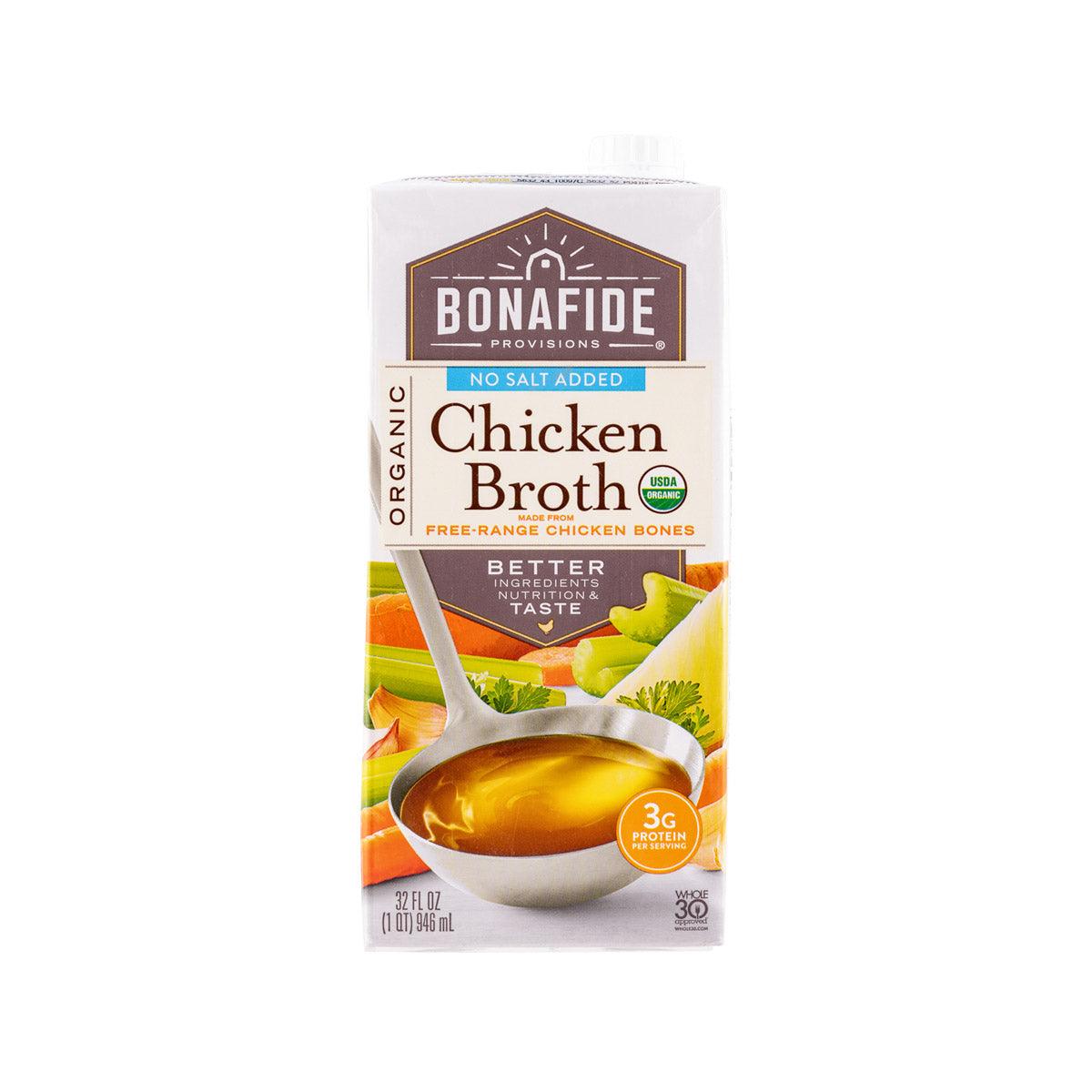 Organic chicken bone broth carton, no salt added, 946 mL