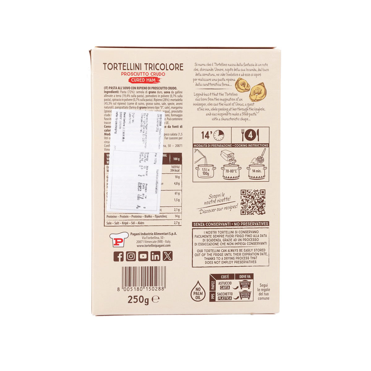 Tortellini tricolore cured ham pasta, 250 g box with back label and nutrition panel
