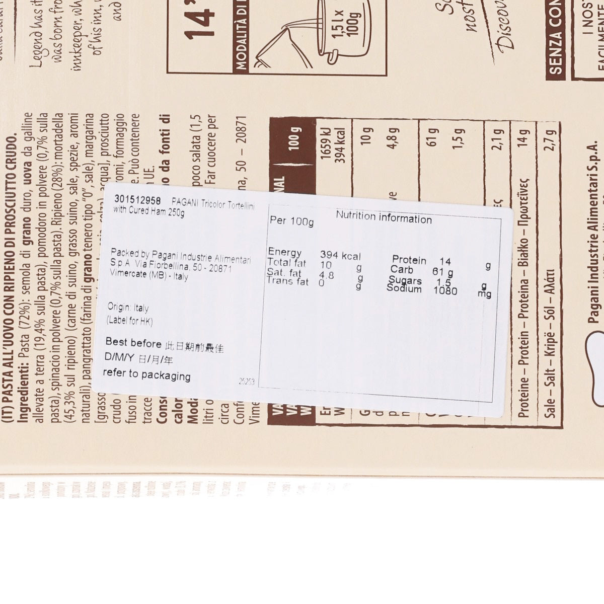 Tortellini nutrition information panel on pasta box, showing calories and macros