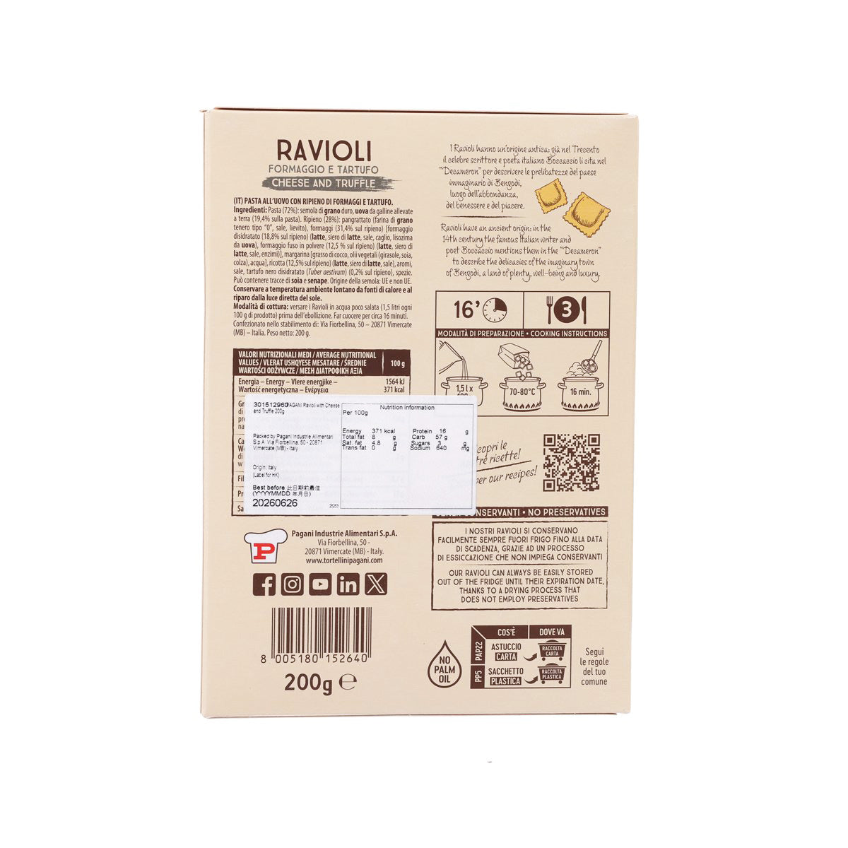 Ravioli cheese and truffle pasta back label on beige cardboard package, 200 g
