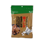 Grilled Japanese flying squid snack pouch, green-and-beige package with squid graphic