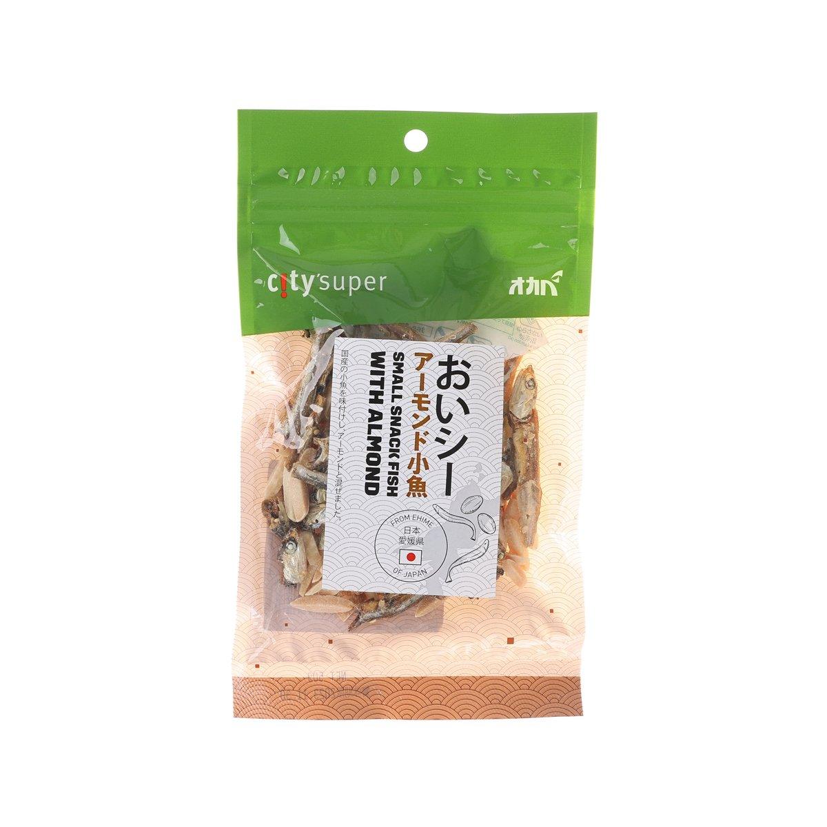 CITYSUPER snack fish with almond in sealed green and beige pouch, front view