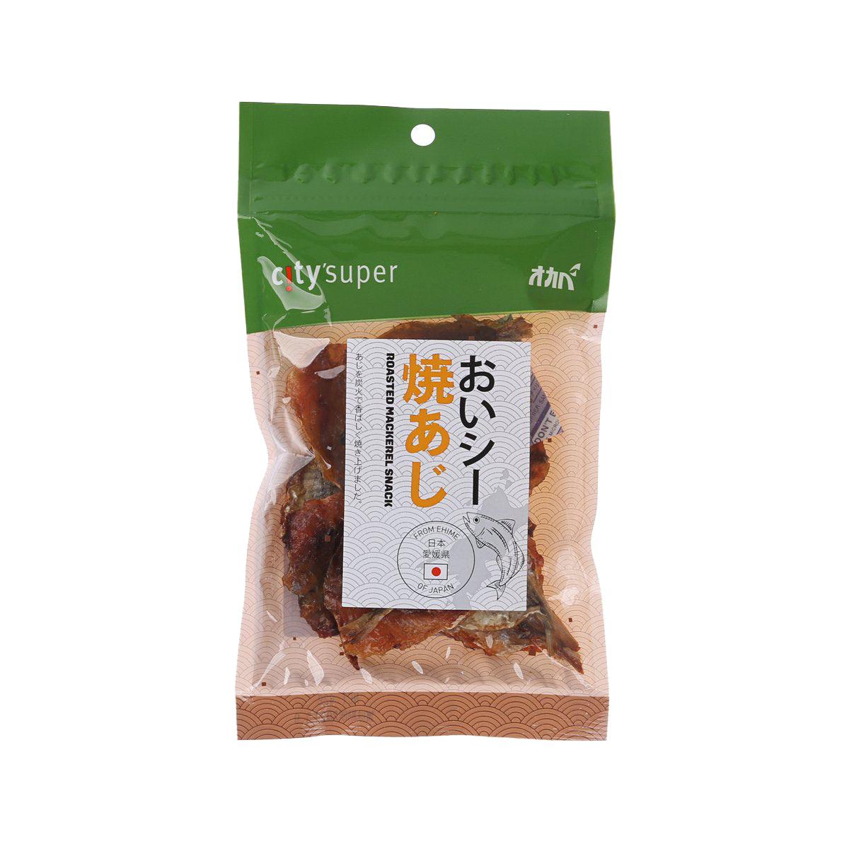 Roasted mackerel snack pouch with front window and green top, single pack
