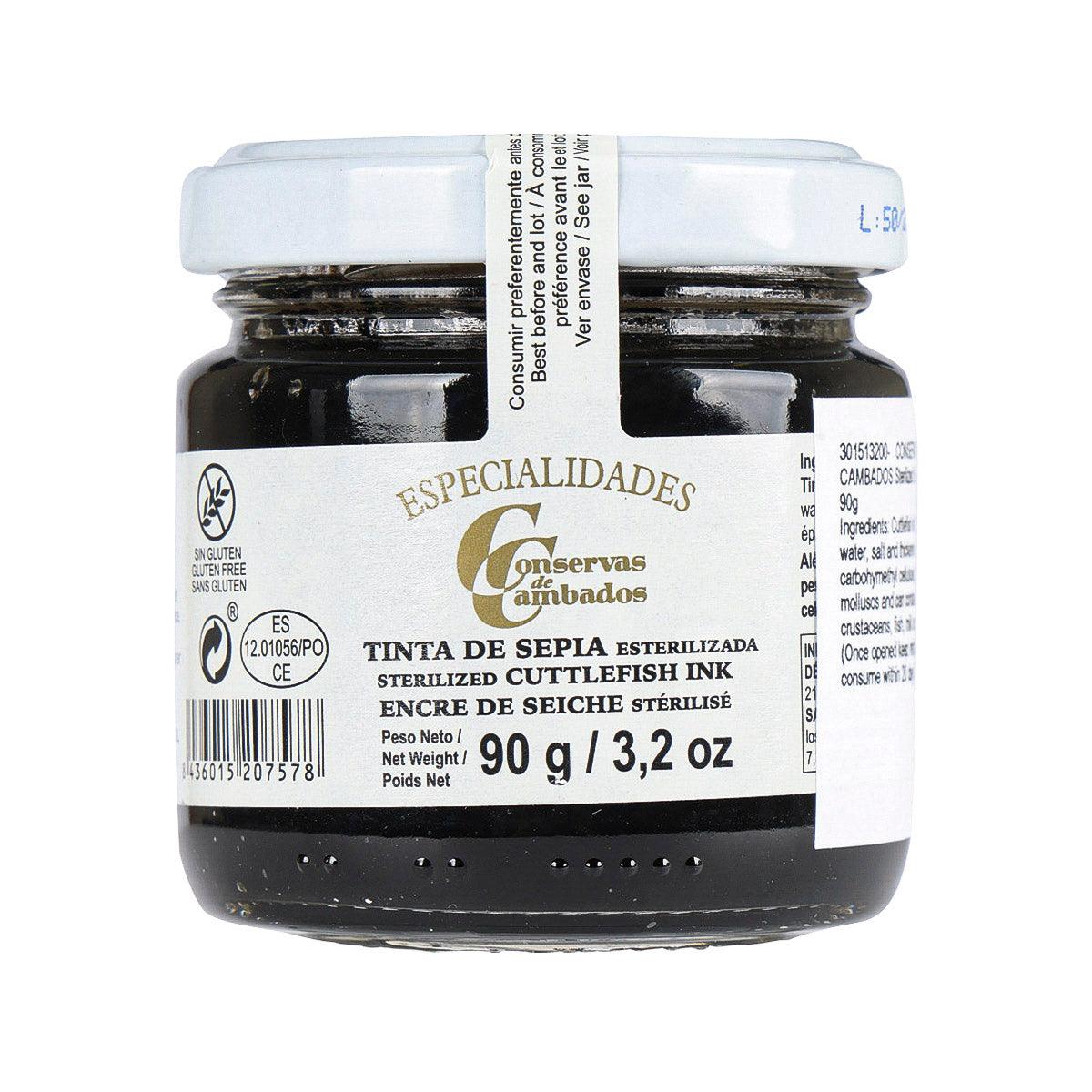 Sterilized cuttlefish ink jar, black glass with cream label and white lid, 90 g