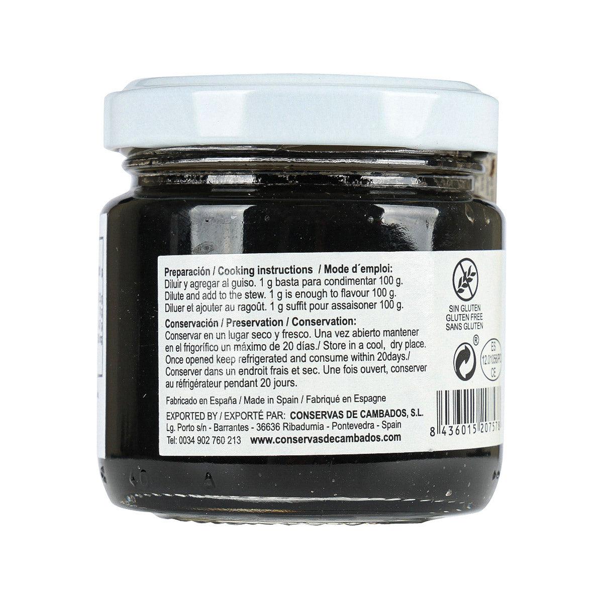 Sterilized cuttlefish ink jar back label, black contents in clear glass with white lid