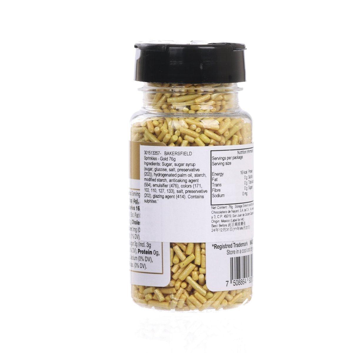 BAKERSFIELD Gold sprinkles jar back label, black cap, gold sprinkle rods (76g)