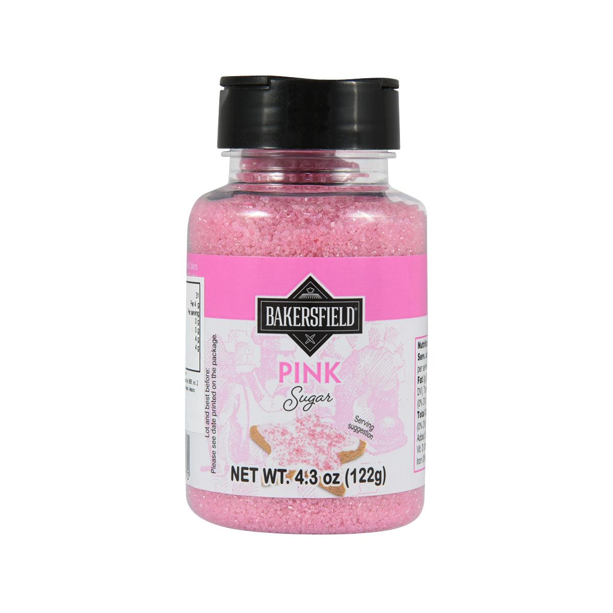 Pink sugar in 4.3 oz jar with black cap and BAKERSFIELD label