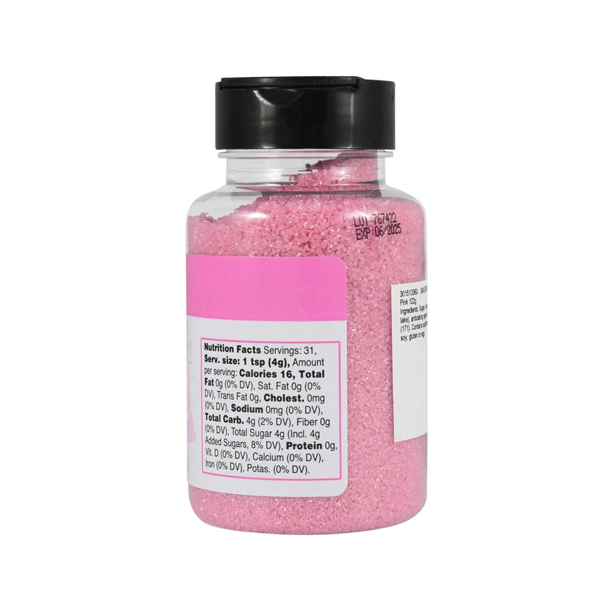 Pink sugar jar with nutrition facts panel and black cap