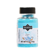 Blue sugar jar with black lid, front label and net wt 4.3 oz (122g)