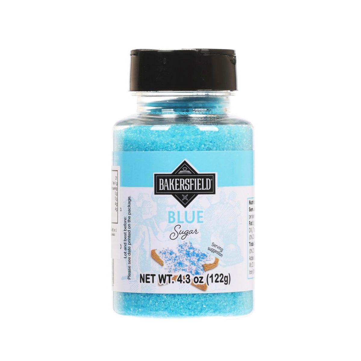 Blue sugar jar with black lid, front label and net wt 4.3 oz (122g)