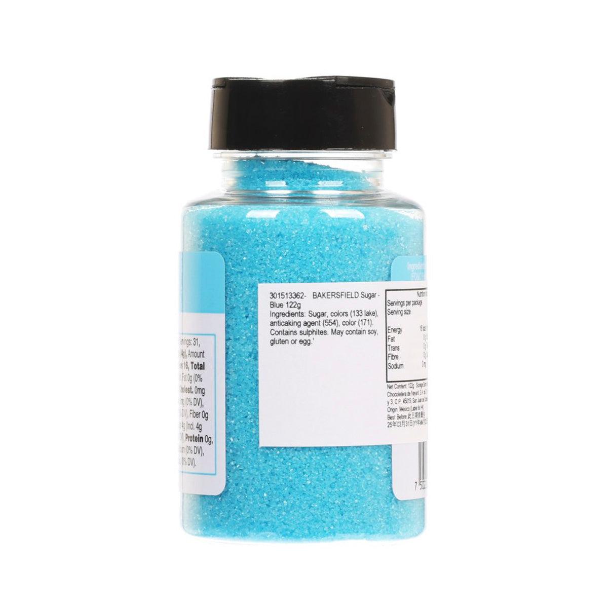 Blue sugar jar with black lid, back nutrition-style label and net wt 4.3 oz (122g)