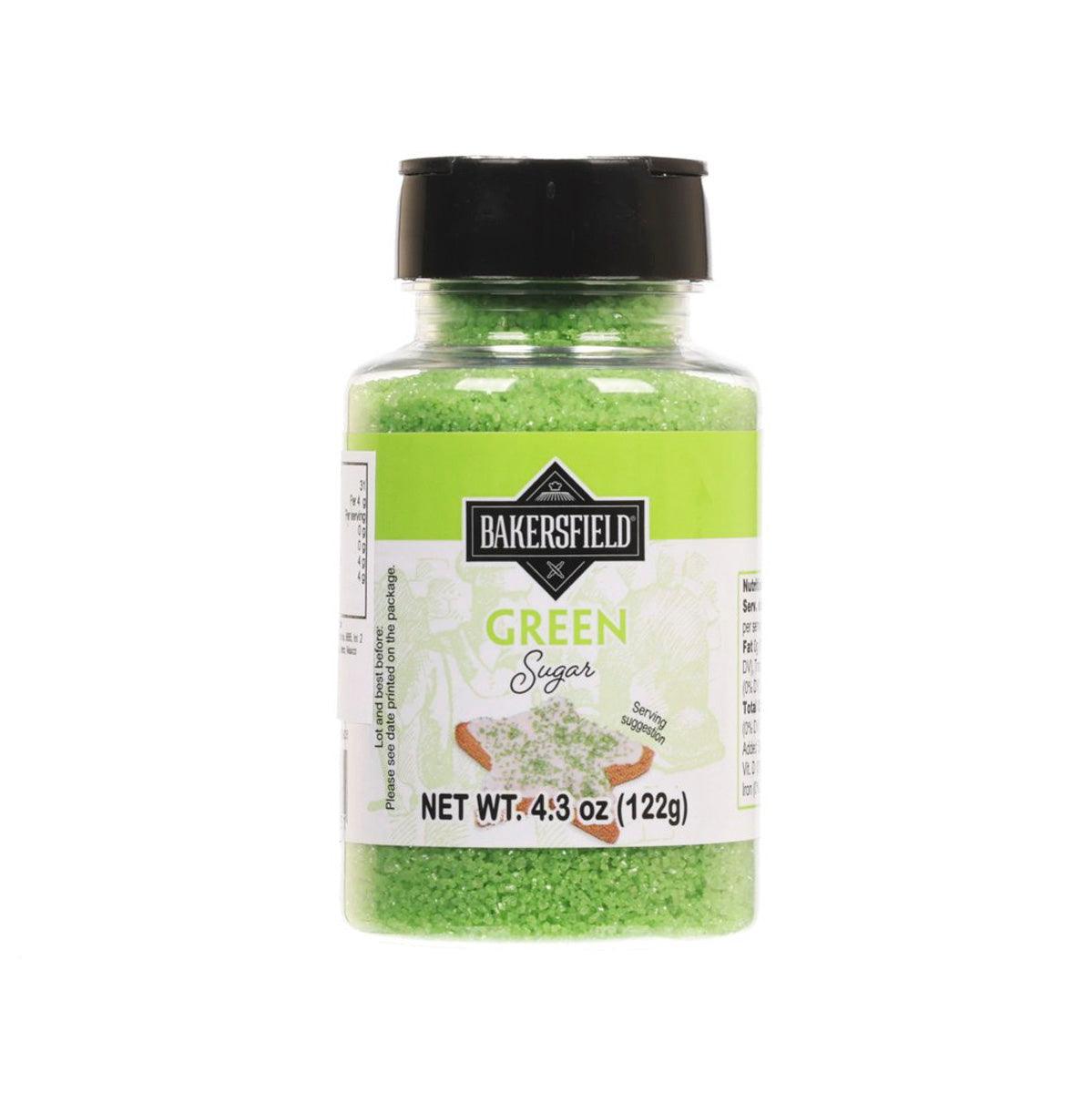 Green sugar container, 4.3 oz (122g), with BAKERSFIELD label and black cap