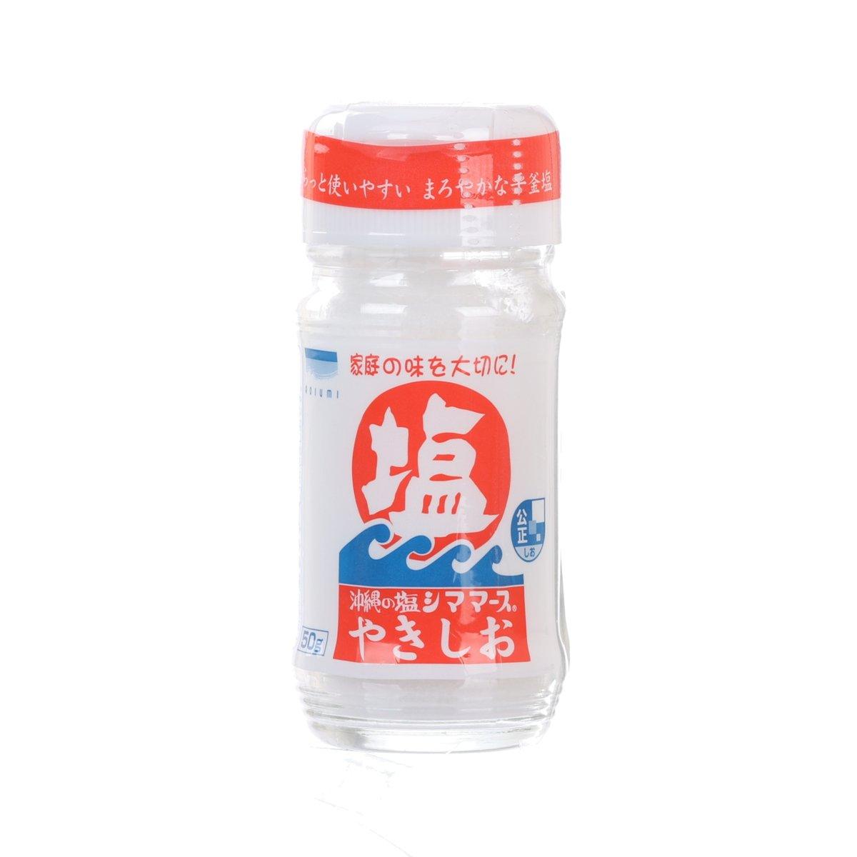 AOIUMI Okinawa sea salt shaker bottle, clear plastic with red cap and red-blue label