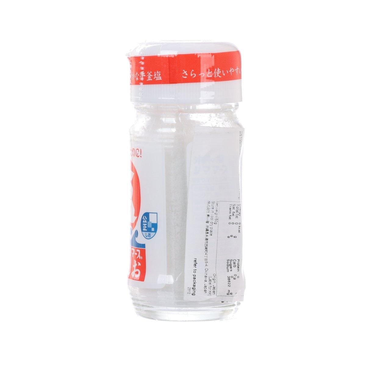 AOIUMI Okinawa sea salt shaker bottle, clear plastic back label with barcode and blue text