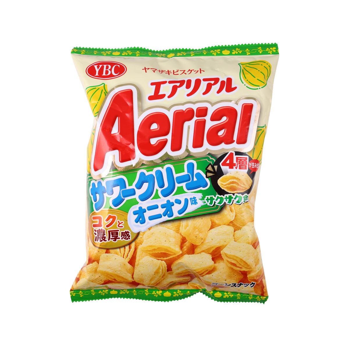 Aerial corn snack bag, yellow chips graphic with green trim and YBC logo