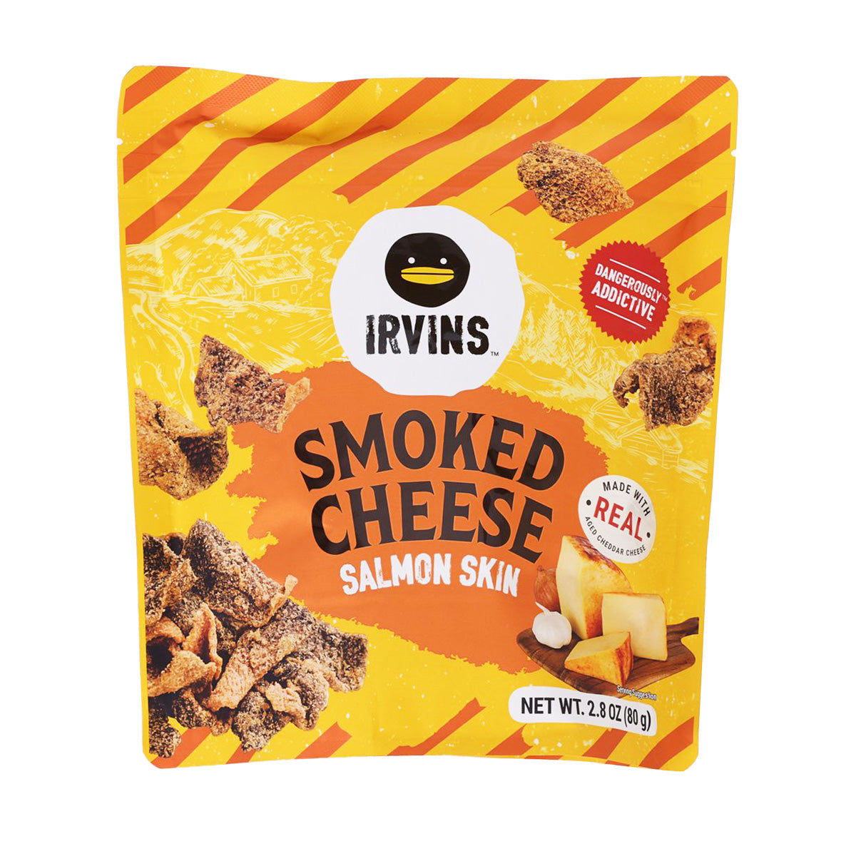Smoked cheese salmon skin snack pouch, yellow orange stripes, IRVINS branding