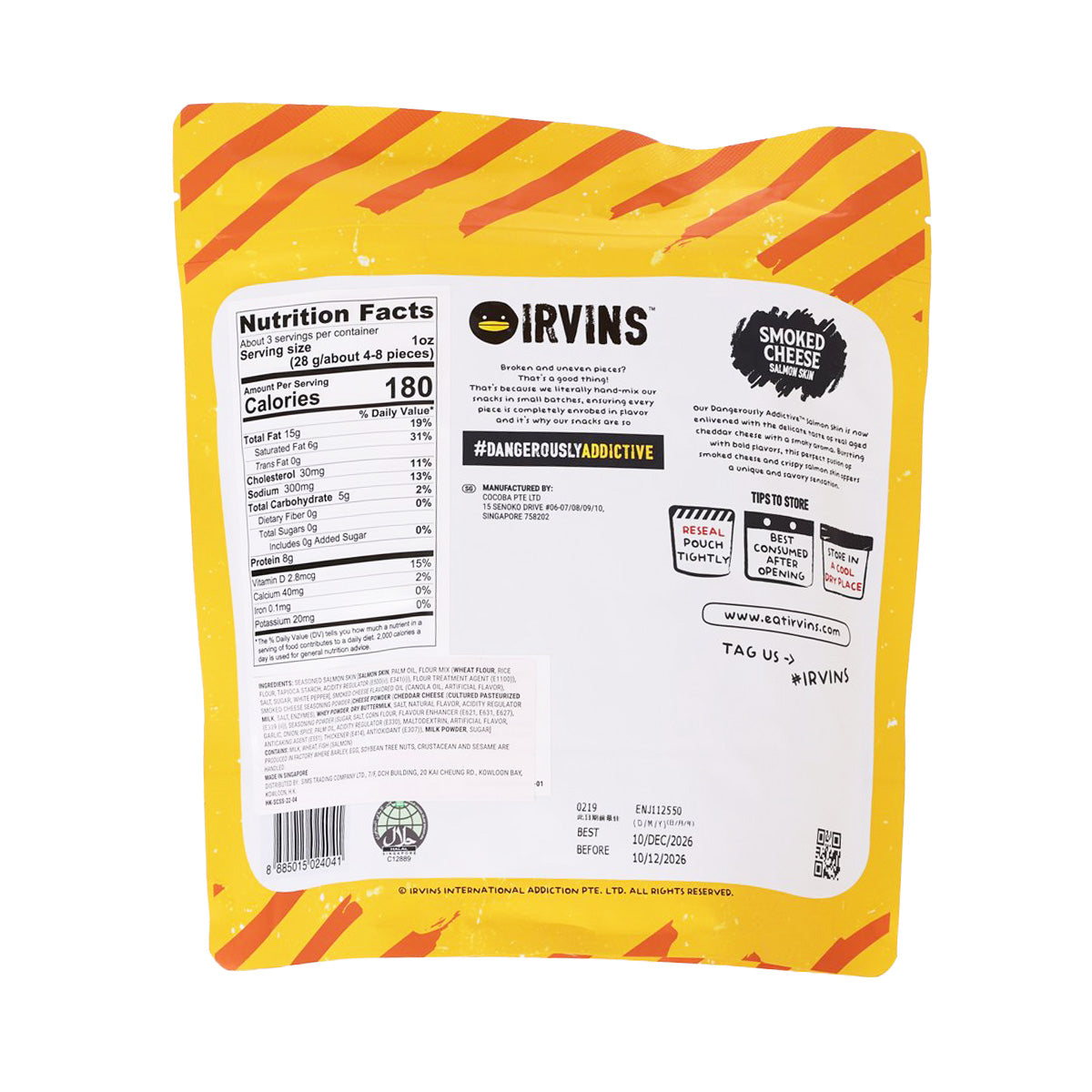 Smoked cheese salmon skin snack pouch back panel with Nutrition Facts and barcode