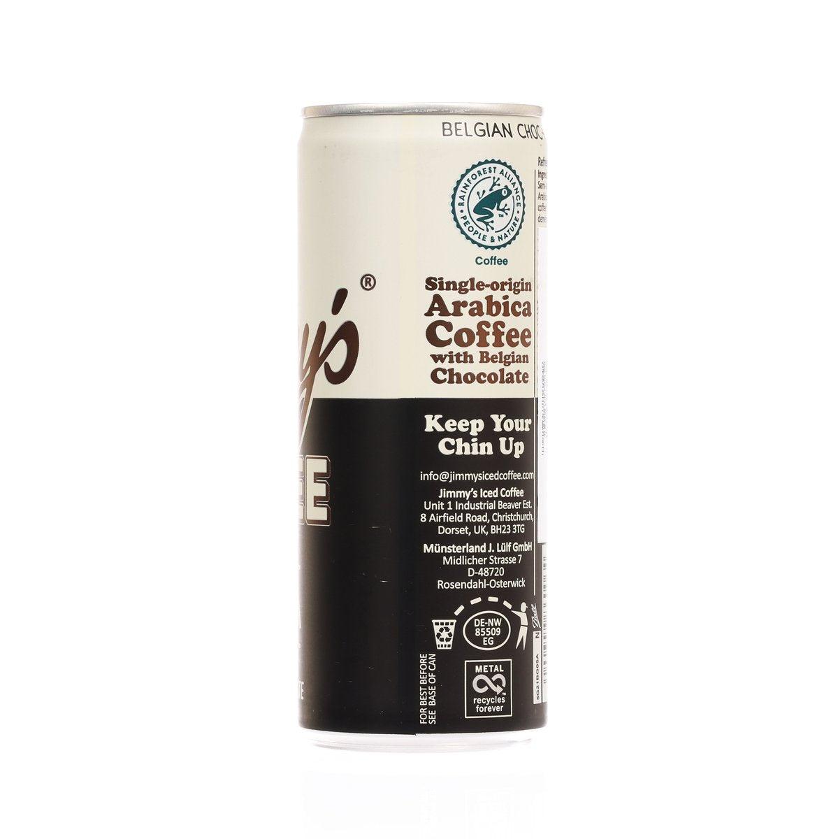 JIMMY'S iced coffee can labeled single-origin Arabica with Belgian chocolate