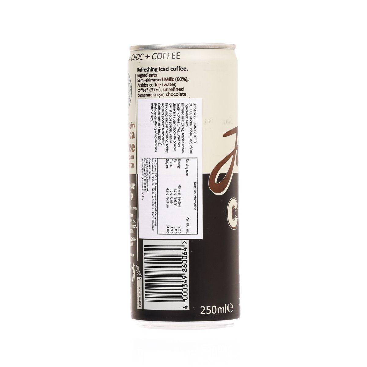 JIMMY'S iced coffee can rear label with barcode and 250 ml marking