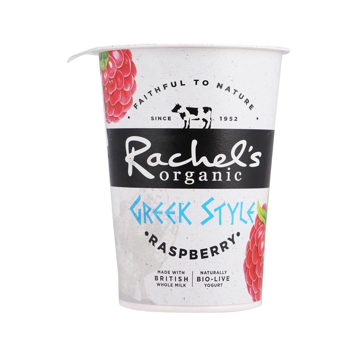 RACHEL'S Organic Greek-style yogurt cup, raspberry flavor, printed white-and-red lid