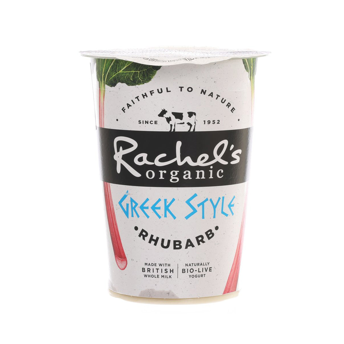 Organic Greek style yogurt cup, Rhubarb flavor, with Welsh Dairy label