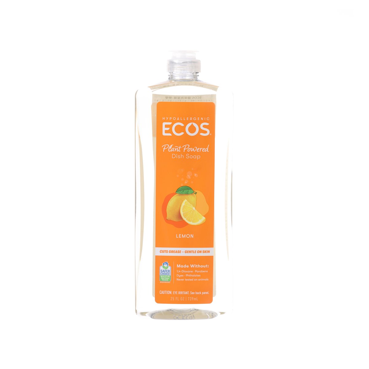 ECOS lemon dish soap bottle 739 mL, clear plastic, orange front label