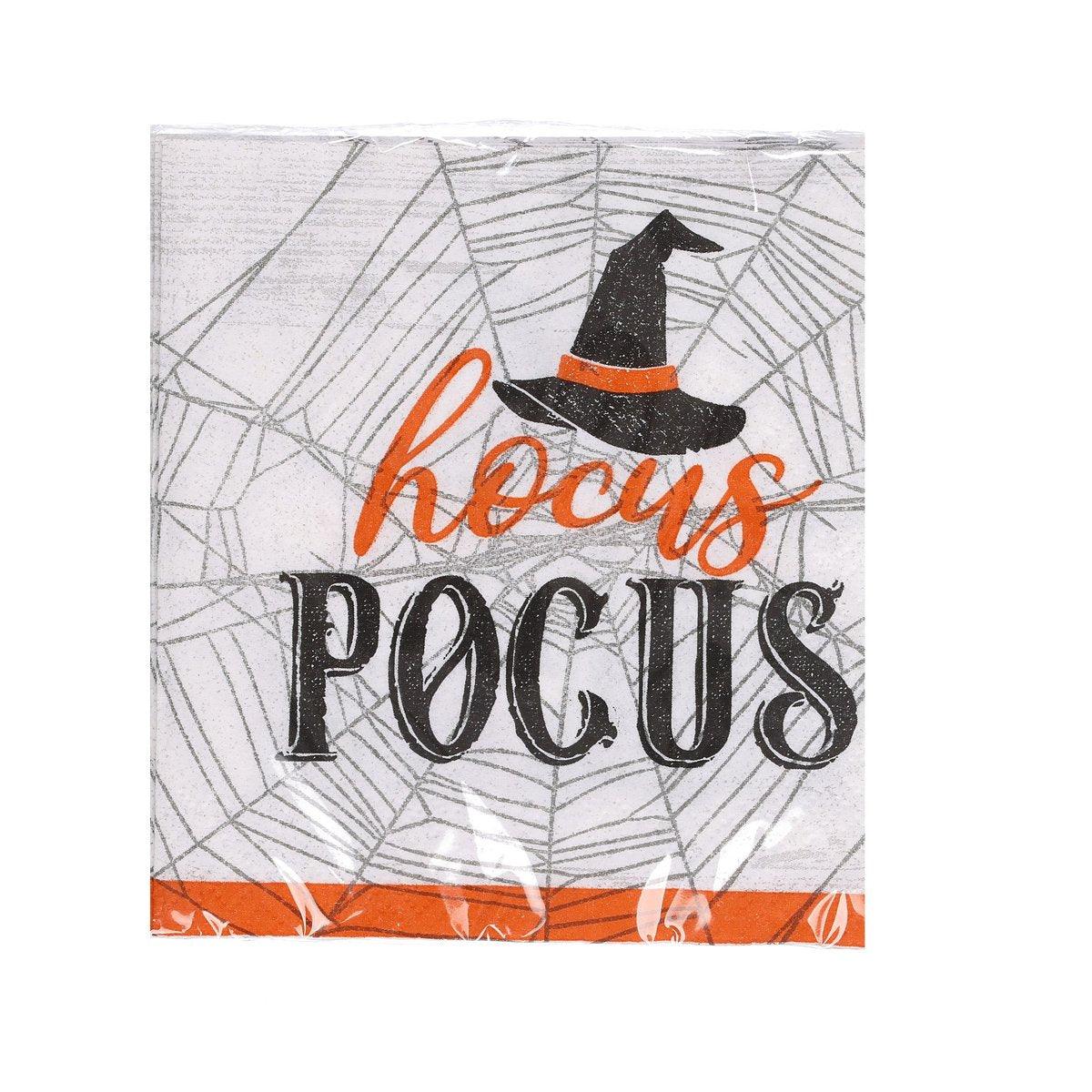 Halloween beverage napkin with spiderweb design, black hat, and Hocus Pocus text