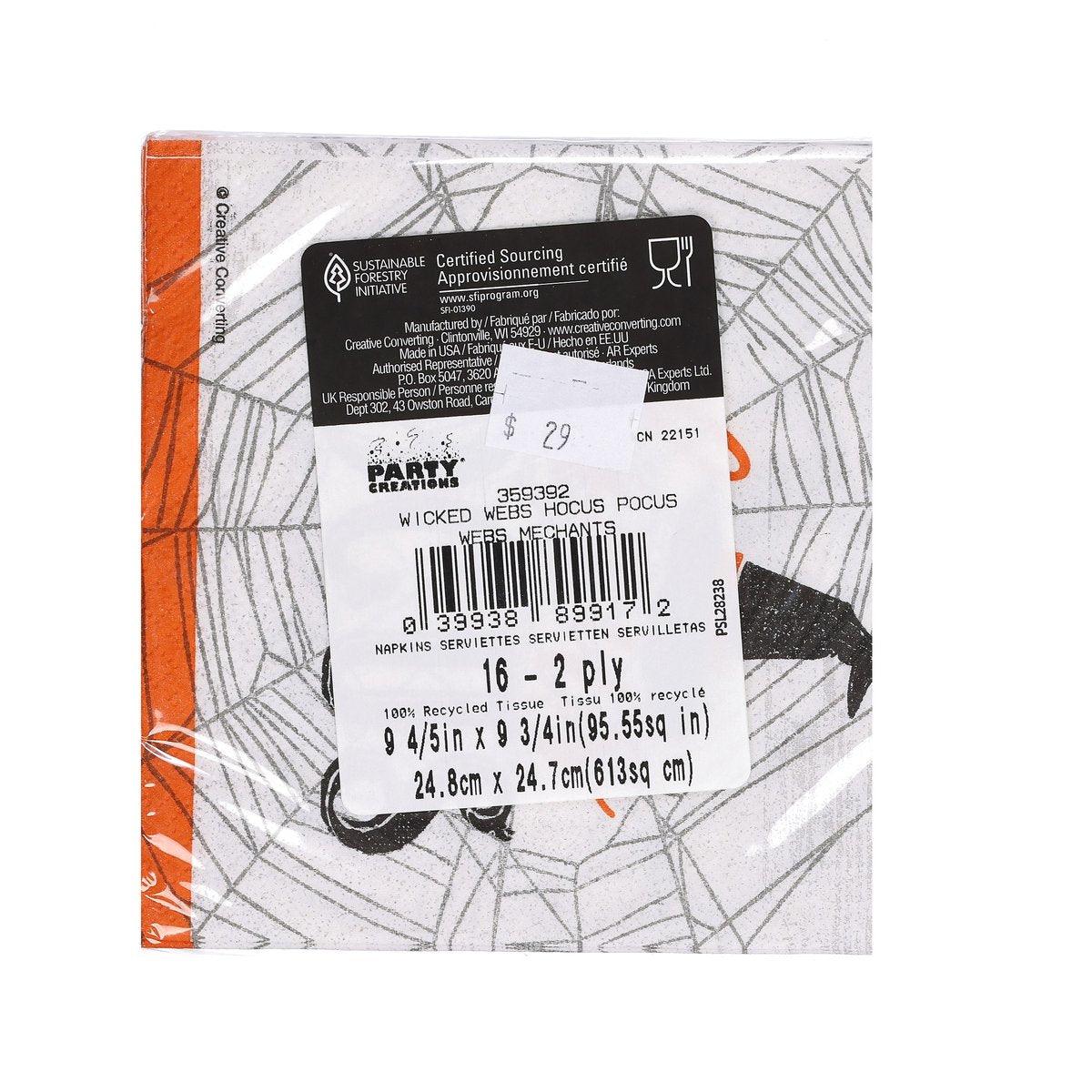 Halloween beverage napkin with printed barcode, icons, and size info